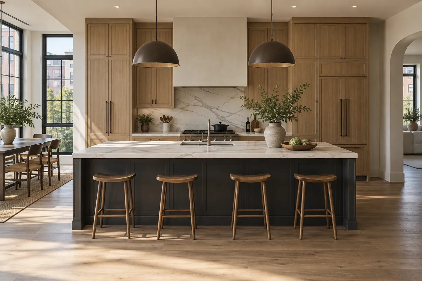 Kitchen design inspiration with oak cabinetry and a stone island